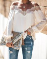 Lace-Trimmed Chiffon V-Neck Long Sleeve Top - New Elegant Solid T-Shirt with Sexy Details