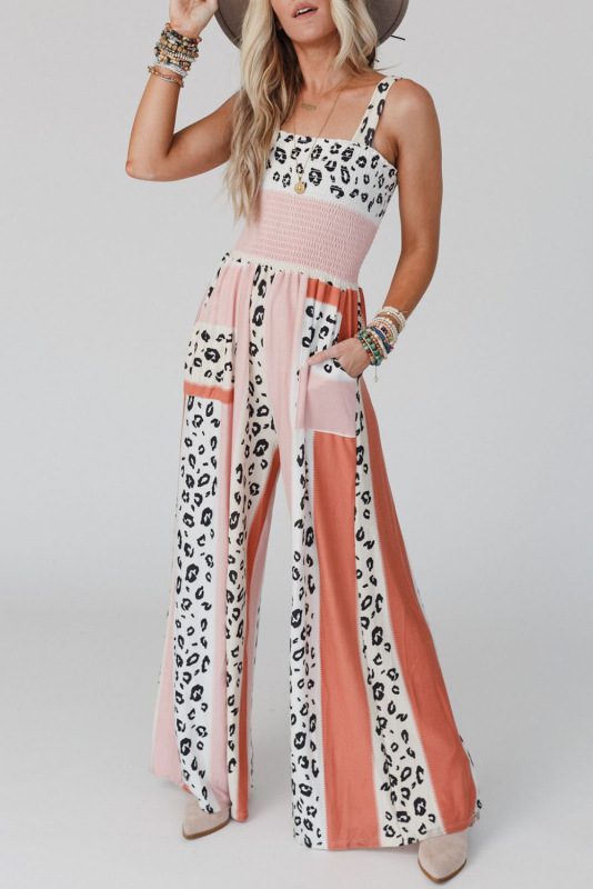 Chic Casual Leopard and Mixed Color Print Jumpsuit with Pockets