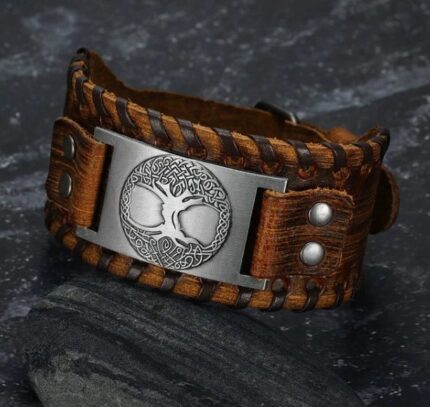 Metal Celtic Tree of Life Leather Buckle Arm Cuff: Handcrafted Symbolism Woven in Style