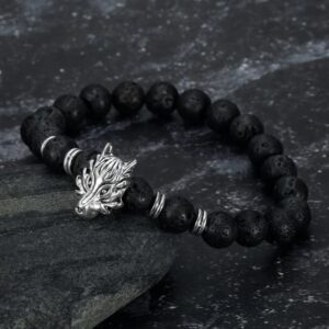 Crafted Grey Wolf Head and Lava Stone Bracelet- Channel Norse Spirit with Handcrafted Elegance