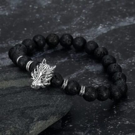 Crafted Grey Wolf Head and Lava Stone Bracelet- Channel Norse Spirit with Handcrafted Elegance
