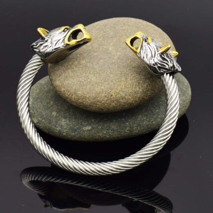 Crafted Large Grey Wolf Head Torc Bracelet- Handcrafted Stainless Steel Elegance Inspired by Norse Tradition