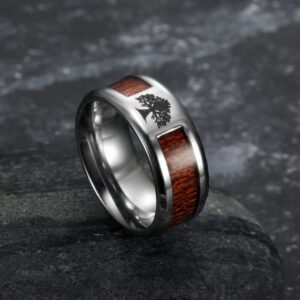 Crafted Stainless Steel Celtic Tree of Life Wedding Ring with Wood Inlay