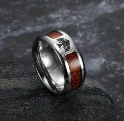 Crafted Stainless Steel Celtic Tree of Life Wedding Ring with Wood Inlay
