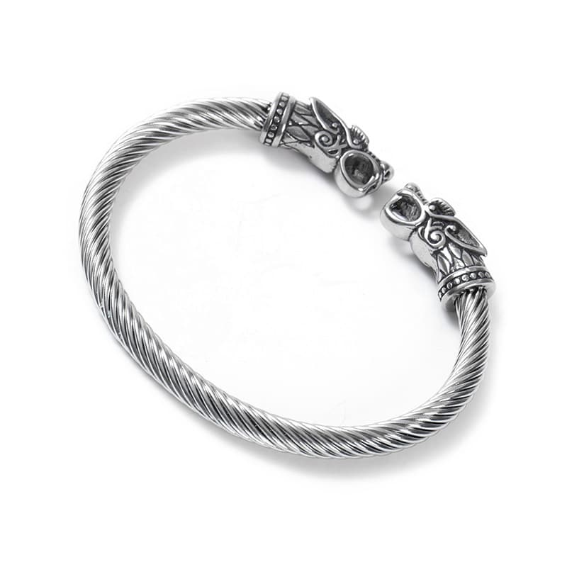 Crafted Large Grey Wolf Head Torc Bracelet- Handcrafted Stainless Steel Elegance Inspired by Norse Tradition