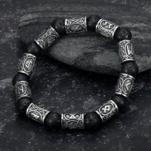 Silver Rune and Black Lava Stone Bracelet- Handcrafted Elegance Infused with Symbolism