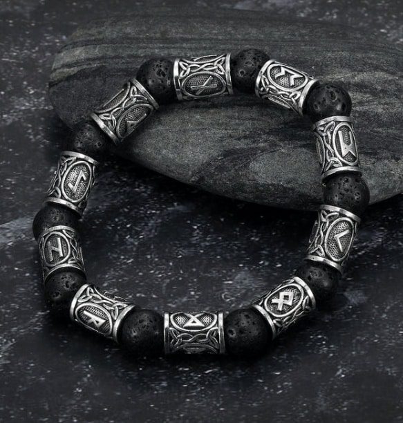 Silver Rune and Black Lava Stone Bracelet- Handcrafted Elegance Infused with Symbolism