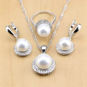 Elegant Pearl & Beads Jewelry Set in 925 Sterling Silver for Women - Includes Pendant, Drop Earrings, Ring, & Necklace