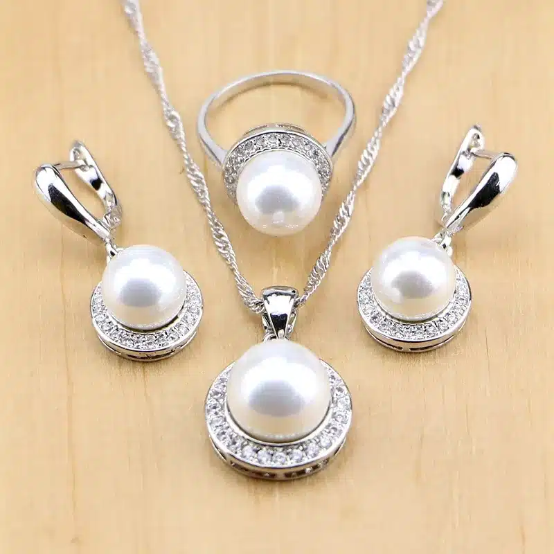 Elegant Pearl & Beads Jewelry Set in 925 Sterling Silver for Women - Includes Pendant, Drop Earrings, Ring, & Necklace