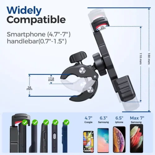 Motorcycle Phone Holder Mount- Quick 1-Second Installation, Auto-Lock & Release, Fits 4.7″-7” Phones