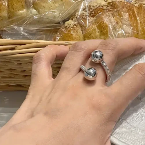 Bold 925 Sterling Silver Woven Chain Bead Ring – Adjustable Hip Hop Jewelry for Women & Girls