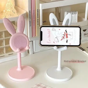 Add a Touch of Cuteness to Your Desk with this Adjustable Pink Rabbit Cartoon Phone Holder – Perfect for iPhone 13, 14, Samsung, and More!