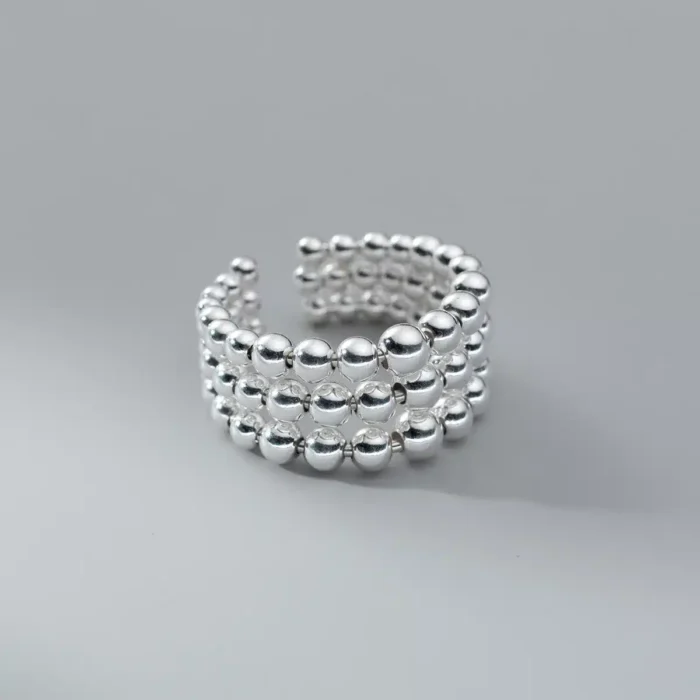 Trendy Triple Layer Beaded Geometric Punk Ball Open Finger Ring in 925 Sterling Silver for Women & Girls