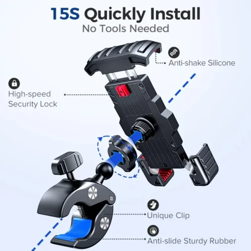 Motorcycle Phone Holder Mount- Quick 1-Second Installation, Auto-Lock & Release, Fits 4.7″-7” Phones