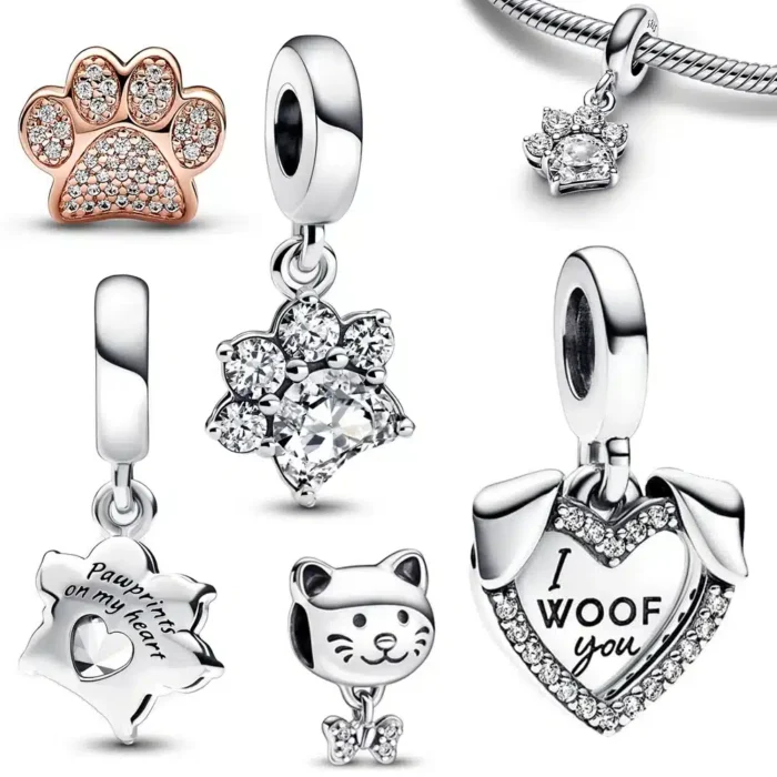 Pet Lover's Delight: Sparkling 925 Silver Paw & Bow Pendant Charm | Unique Gift for Dog and Cat Owners