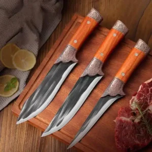 Professional Stainless Steel Kitchen Knife Set- Boning Knife, Meat Cutter, and Butcher’s Grill Knife – Non-Slip Handle with Protective Covers Included