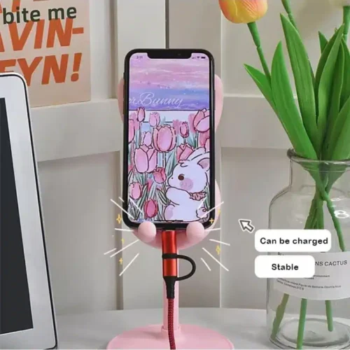 Add a Touch of Cuteness to Your Desk with this Adjustable Pink Rabbit Cartoon Phone Holder – Perfect for iPhone 13, 14, Samsung, and More!