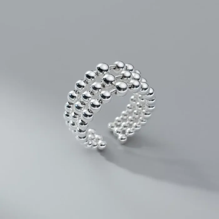 Trendy Triple Layer Beaded Geometric Punk Ball Open Finger Ring in 925 Sterling Silver for Women & Girls