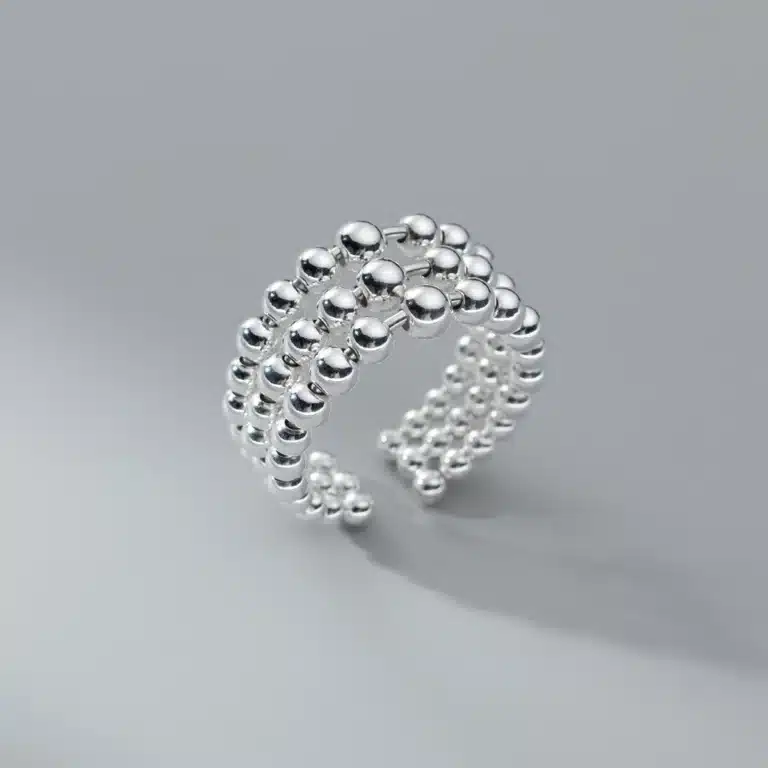 Trendy Triple Layer Beaded Geometric Punk Ball Open Finger Ring in 925 Sterling Silver for Women & Girls