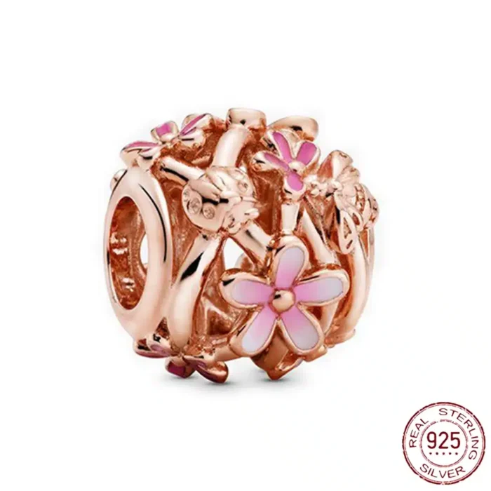 New Rose Gold Flower Charm Beads in 925 Sterling Silver - Elegant Jewelry Accents for Personalized Bracelets & Necklaces