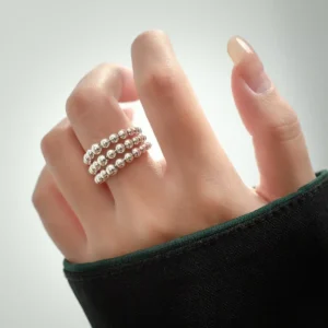 Trendy Triple Layer Beaded Geometric Punk Ball Open Finger Ring in 925 Sterling Silver for Women & Girls