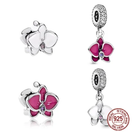 Authentic White & Red Orchid Dangle Charm – 925 Sterling Silver Bead for Women