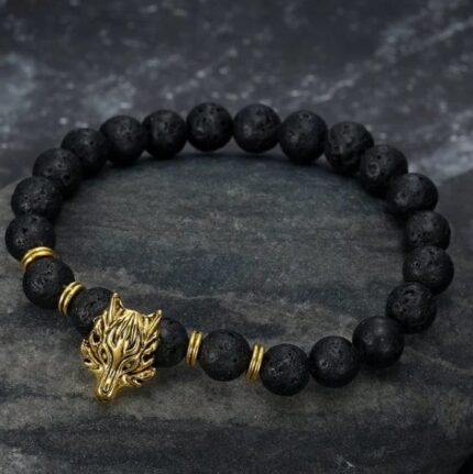 Crafted Grey Wolf Head and Lava Stone Bracelet- Channel Norse Spirit with Handcrafted Elegance
