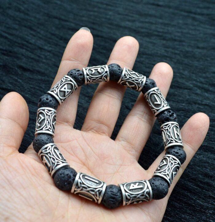Silver Rune and Black Lava Stone Bracelet- Handcrafted Elegance Infused with Symbolism