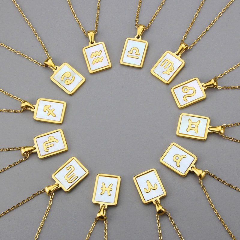Stainless Steel Square Shell Zodiac Necklace- Unique Symbolism in Sleek Design