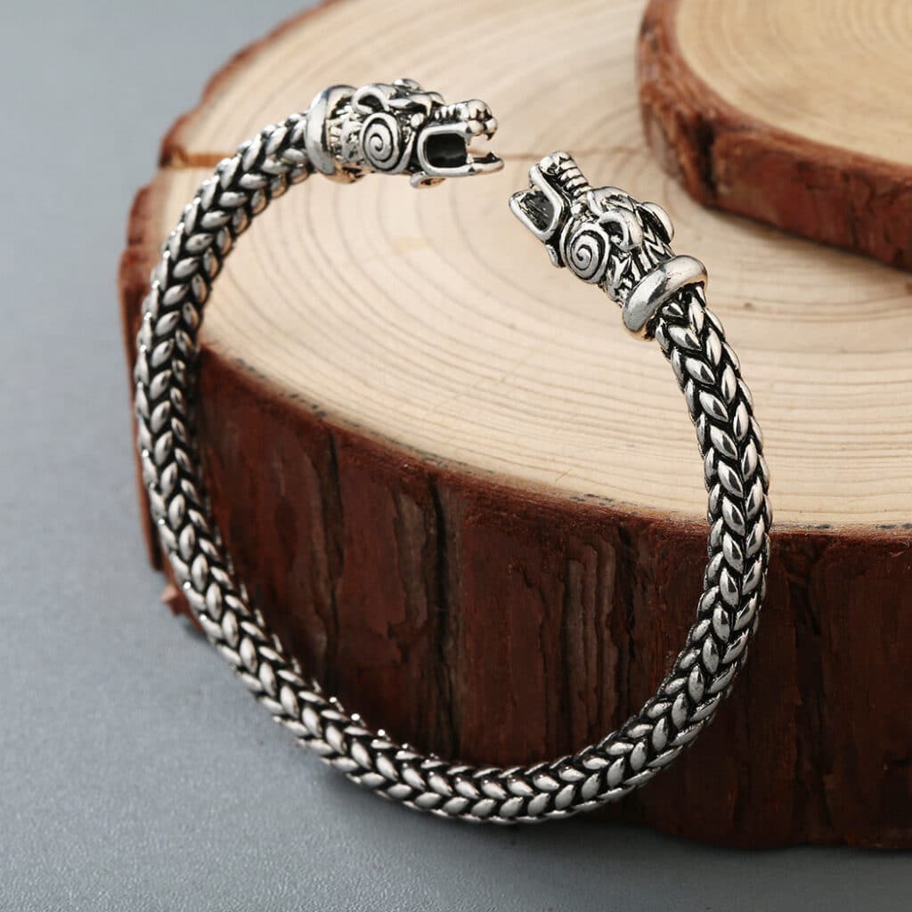 Handcrafted Stainless Steel Grey Wolf Head Torc Bracelet- Symbolic Craftsmanship with Animal Spirit