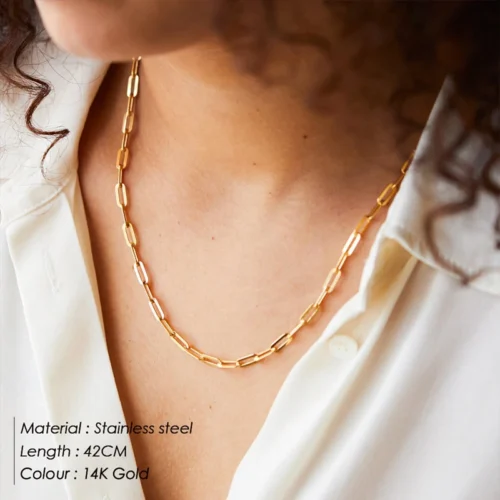 Bold Gold Paperclip Chain Necklace – Stylish Stainless Steel Jewelry, Perfect Gift for Men and Women