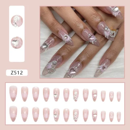 Complete Bridal Nail Art Set- 24pcs Press-On False Nails with Elegant Designs, Coffin Shape, Rhinestones, Glitter, and Glue Included