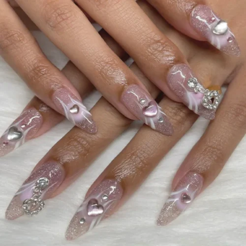24pcs Press-On False Nails with Rhinestones and Glitter