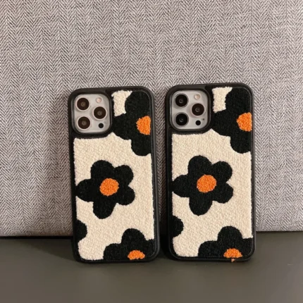 Japanese Korean Winter Plush Embroidery Black Flower Soft Case for iPhone: Protection Cover