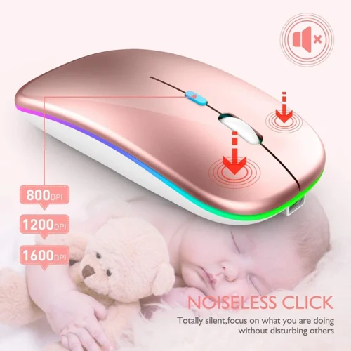 RGB Rechargeable 2.4G Wireless Mouse, Bluetooth LED Backlit Ergonomic Gaming Mouse for Laptop and PC