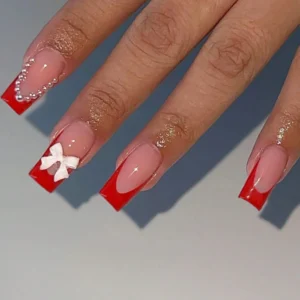 24pcs Red Pearl Bow French Square Fake Nails - Y2K Press-on Nails Set