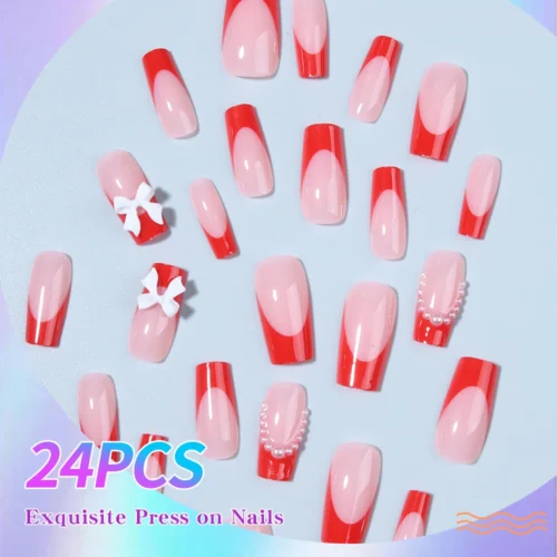 24pcs Red Pearl Bow French Square Fake Nails - Y2K Press-on Nails Set