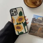 Cartoon Smile Flower Towel Embroidery Case for iPhone: Winter Plush Shockproof Soft Cover