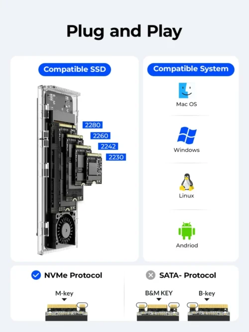 ORICO M.2 NVME SSD Case Enclosure: Cooling Fan, USB 3.2 Thunderbolt 4 NVME Adapter, Tool-Free, 4TB Capacity, for PCIe M Key SSDs, Compatible with Computers