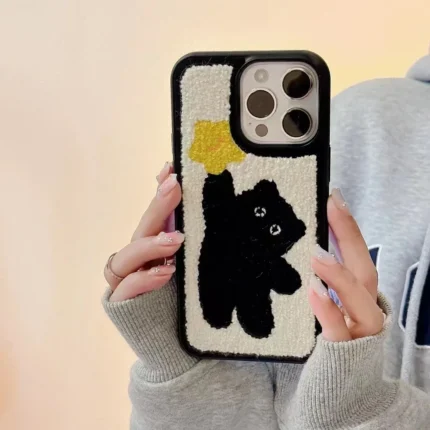 Korean Winter Black Cartoon Plush Phone Case for iPhone 14, 13, 12, 11, 15 Pro Max, XR. Features Warm Cloth Fabric Fur, Shockproof Soft TPU Cover