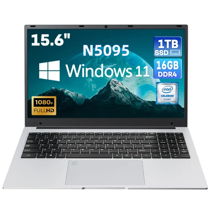 15.6 Inch Celeron N5095 Gaming Laptop: 16GB DDR4 RAM, 512GB SSD + 1TB SSD, Windows 11, IPS Display, 2.4G/5G WiFi, One Key Fingerprint Unlock