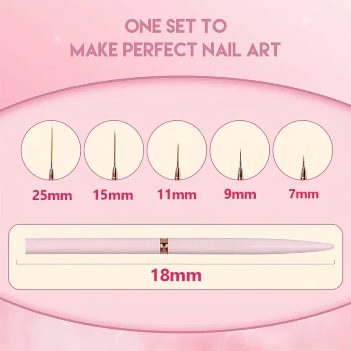 Great Nail Art Liner Brush Sets with Fine Hair for Perfect Designs / Sizes: 7/9/11/15/25mm/ DIY Drawing Pen UV Gel Painting Brushes