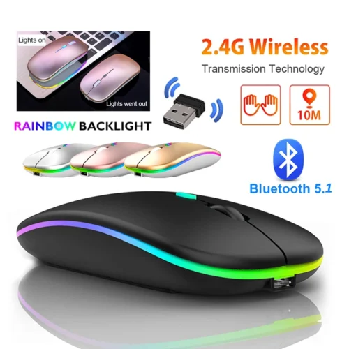 RGB Rechargeable 2.4G Wireless Mouse, Bluetooth LED Backlit Ergonomic Gaming Mouse for Laptop and PC