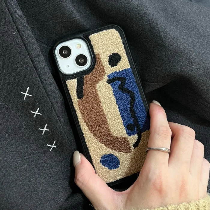 Geometric Splicing Embroidery Fluffy Plush Phone Case for iPhone Plus Fuzzy Wool Fabrics Cover