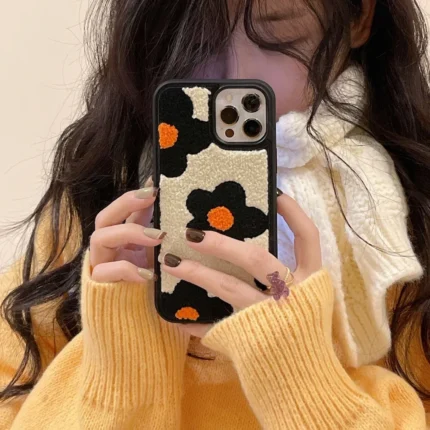 Japanese Korean Winter Plush Embroidery Black Flower Soft Case for iPhone: Protection Cover