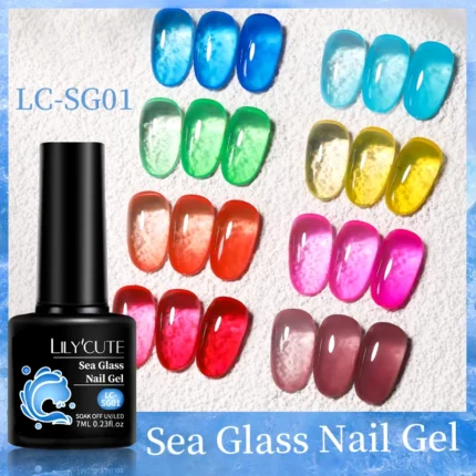 6PCs Jelly Sea Glass Nail Gel Polish Set- 7ML Sea Blue Semi-Transparent, Soak Off UV LED