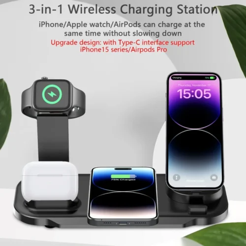 3-in-1 Wireless Charger Stand, Fast Charging Dock for iPhone, Samsung, Apple Watch, and AirPods Pro