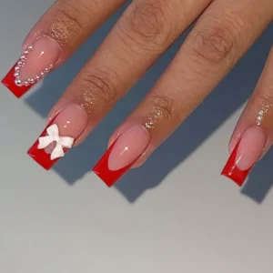 24pcs Red Pearl Bow French Square Fake Nails - Y2K Press-on Nails Set