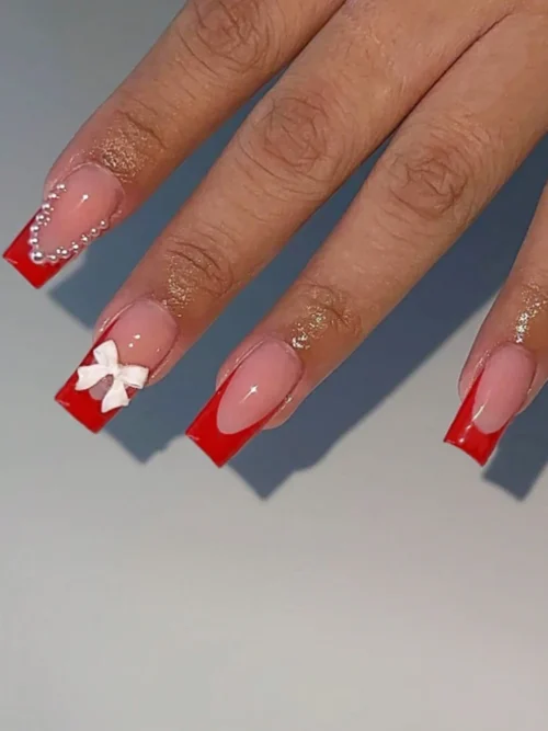 24pcs Red Pearl Bow French Square Fake Nails - Y2K Press-on Nails Set