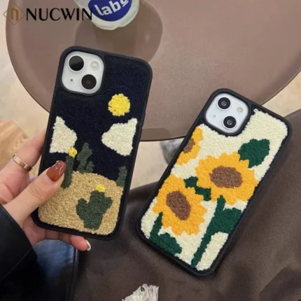 Cute Cartoon Embroidery Case For iPhone. Features Sunflower and Cactus Plush Winter Shockproof Cover